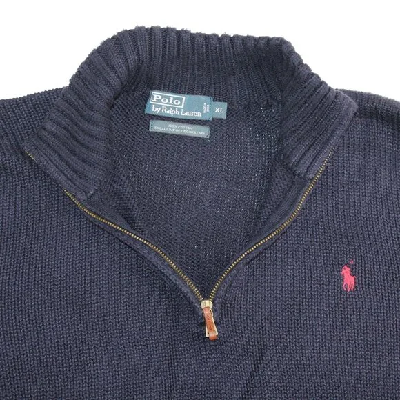 Polo Ralph Lauren XL 1/4 Zip Pullover Knit Sweater Navy Blue Red Pony High Neck - Picture 8 of 11